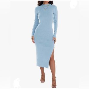 New ZESICA Baby Blue Mock Neck Long Sleeve Side Slit Slim Fit Knit Sweater Dress